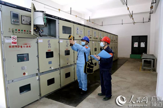 鹿寨供電局黨員服務隊指導幫助企業加強電力設備運行維護。鹿寨縣委組織部供圖