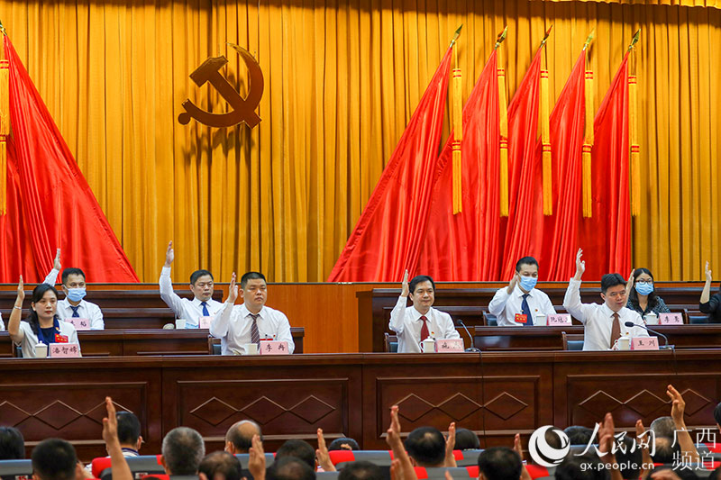在中國共產黨南寧市良慶區第三次代表大會第四次年會第二次全體會議上，代表們舉手表決通過決議。吳明江攝