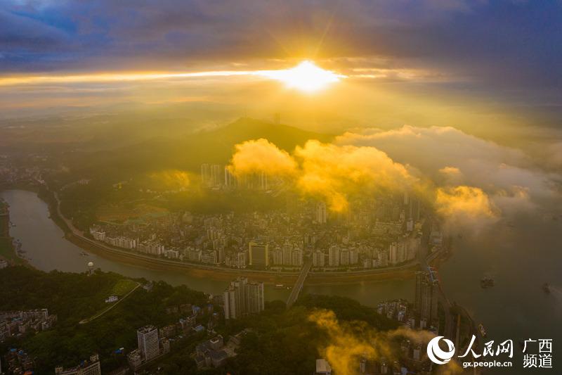 8月13日清晨，梧州市現綺麗雲霧朝霞美景。何華文攝