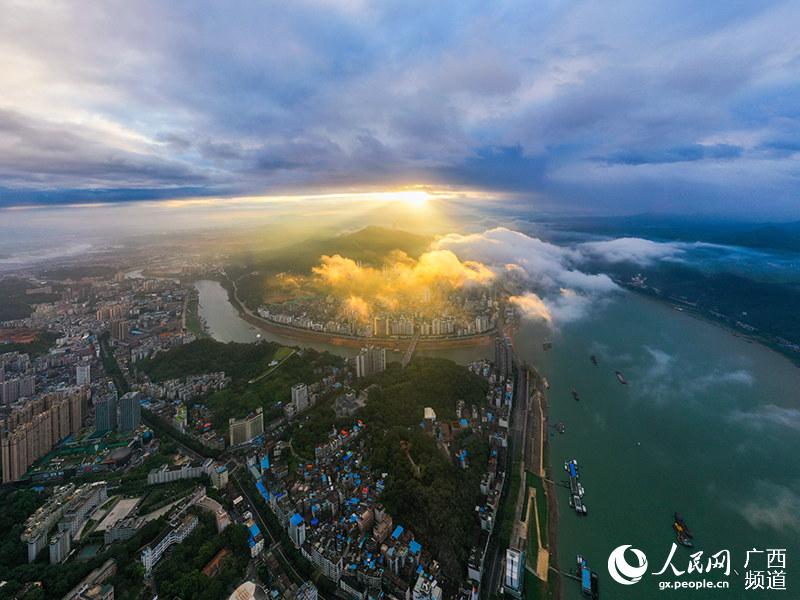 8月13日清晨，梧州市現綺麗雲霧朝霞美景。何華文攝