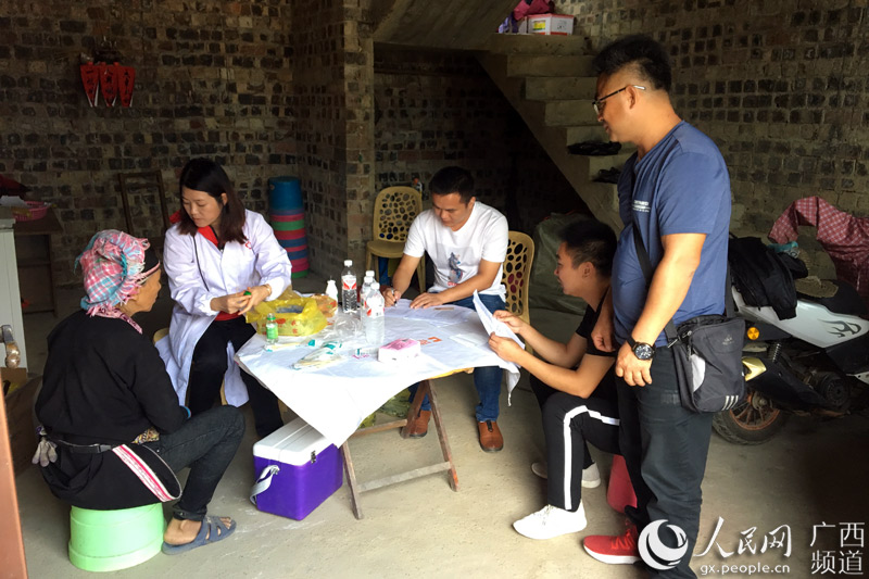 王紹軍（右三）聯系衛生院醫生入戶為貧困群眾開展健康檢查。足別鄉供圖