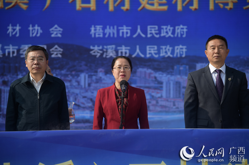 梧州市市长钟畅姿(中)宣布第四届中国(岑溪)石材建材博览会开幕.