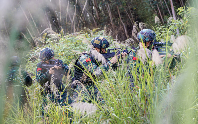 武警官兵正在進行戰術搜索訓練。武警廣西總隊機動支隊供圖