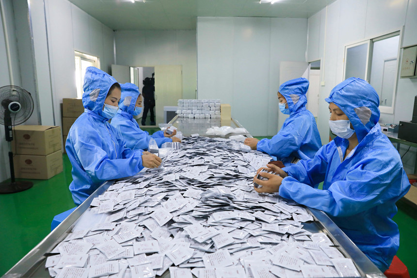 在天峨县一家食用菌生产企业，工人正在包装食用菌深加工产品。