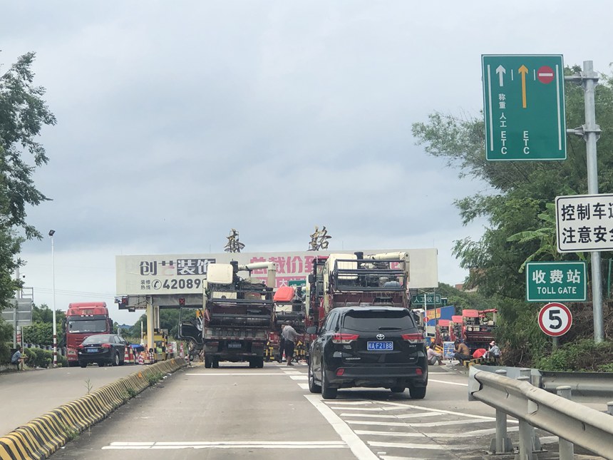 收费站现场运输联合收割机堵道车辆