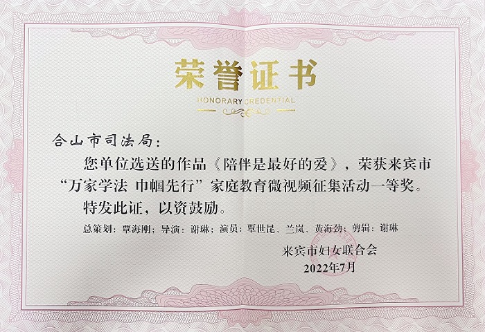 合山市司法局获“万家学法 巾帼先行”视频征集活动一等奖
