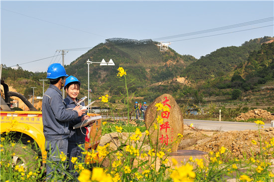 党员服务队在灵山县太平镇大田坪村利用无人机对涉及春耕线路设备设施开展智能巡检。陈心诚摄