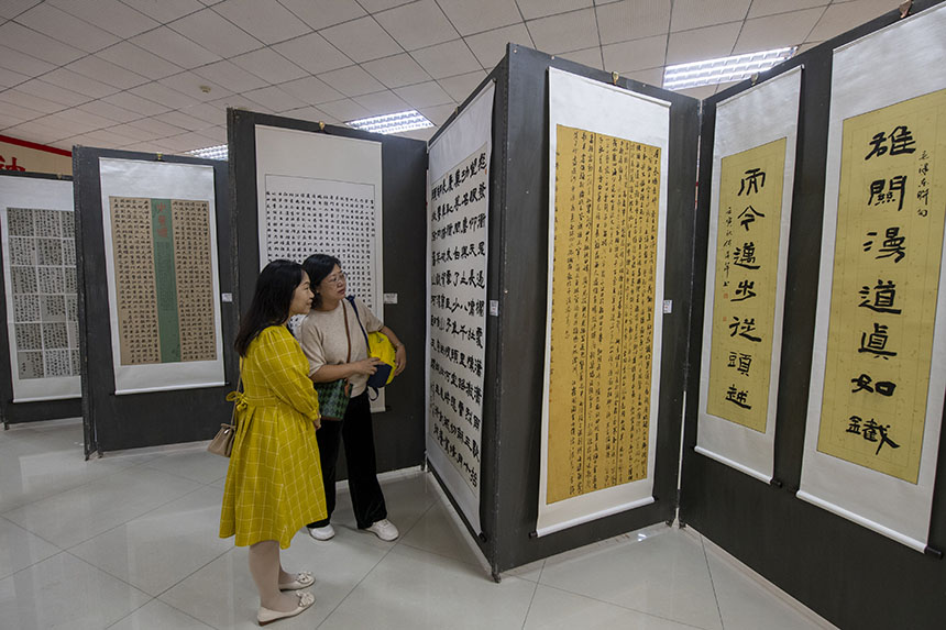 市民在欣赏书法展作品。何华文摄