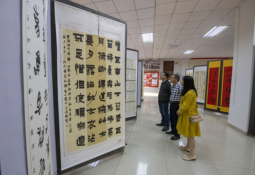 市民在欣赏书法展作品。何华文摄