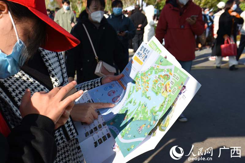 游客使用地图和手机查询园内相关景点信息。人民网 王功孝摄