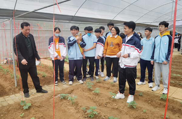 潘承庆与兴趣小组的学生参观大棚。