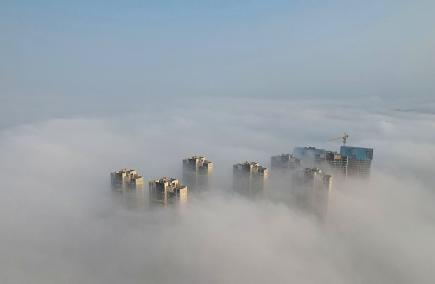 城市建筑被浓雾掩映。