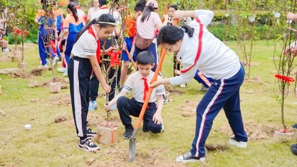 学生们一起植树。韦东林摄