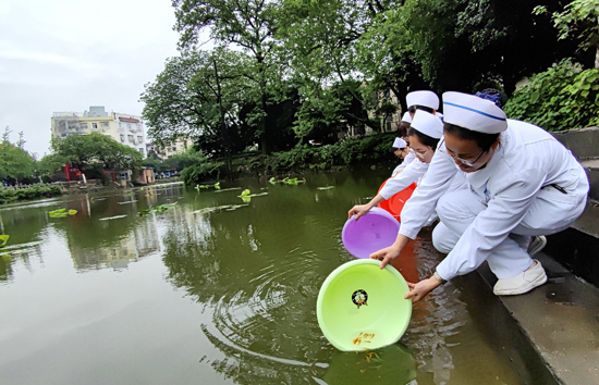 南溪山醫院白衣天使向將軍湖中投放魚苗。張超群--攝