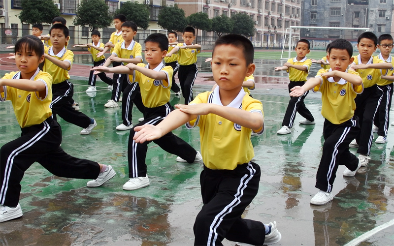 钟山县实验小学的孩子们在练习中华武术操