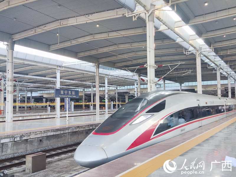G4308次列车驶出南宁东站。人民网记者 王勇摄