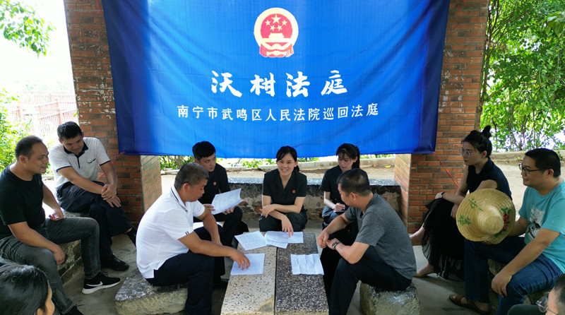 双桥法庭干警进村现场化解一起涉沃柑土地租赁合同纠纷。武鸣区法院供图