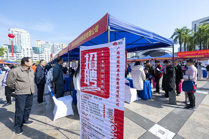 在广西梧州市冬季高校毕业生就业暨服务企业用工现场双选会现场，大量求职者前来应聘。何华文摄