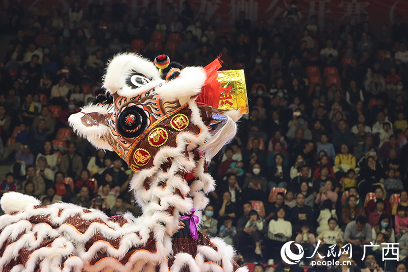 广州市番禺区沙头街汀根龙狮团表演“醉行险峰仍从容”。人民网 何宁摄