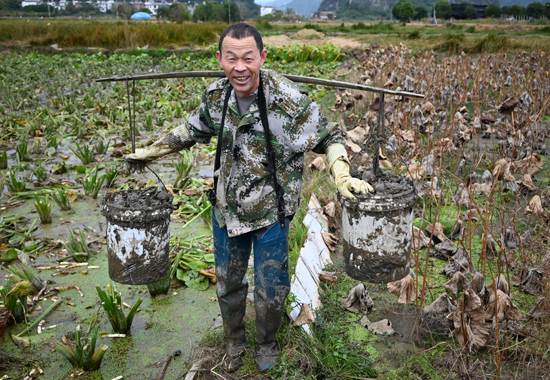 村民背着刚采收好的茨菇，露出了丰收的喜悦笑容。于长乐摄
