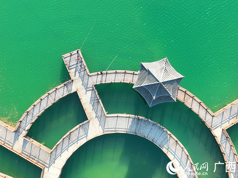 东兰坡豪湖湿地公园廊桥。人民网 付华周摄