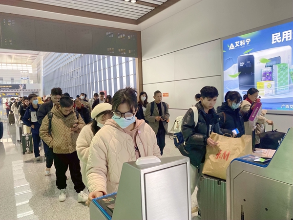 学生旅客在南宁北站排队检票上车。（于莉 摄）.jpg