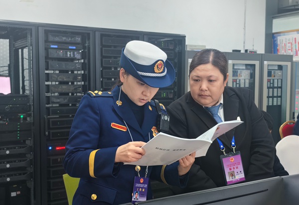 查阅安全工作台账。南宁消防供图