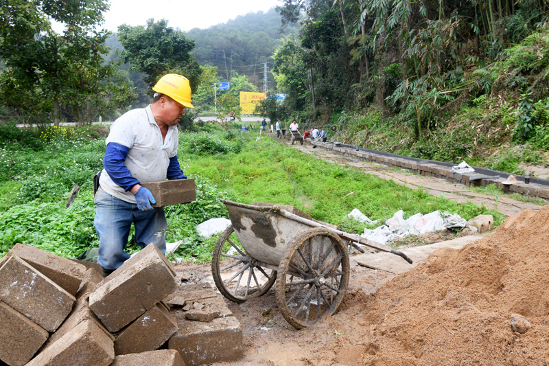 石寨镇霄垌村的村民修建三面光水渠。