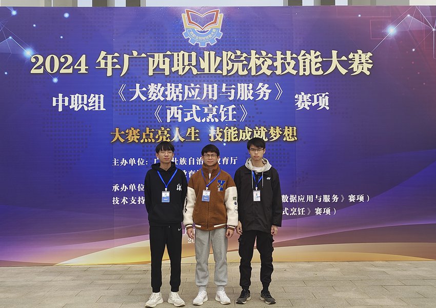 韦嘉豪、林华东和黄鸿乐获得《大数据应用与服务》赛项全区一等奖（第一名）。吴惠摄