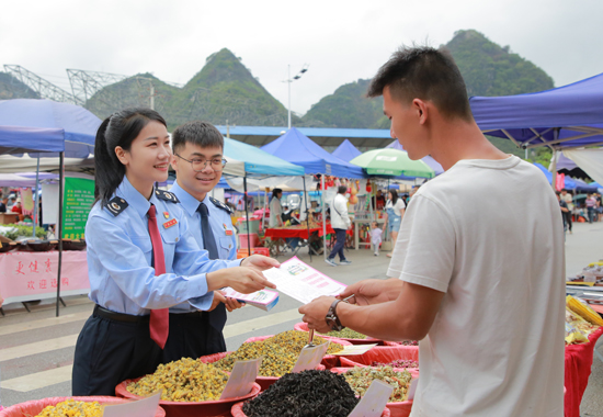靖西市税务部门组织青年业务骨干到现场开展税费优惠政策宣传辅导活动。邓秋美摄
