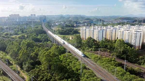 两组动车在邕北线上行驶。陈磊摄