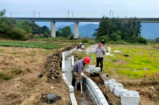 图为施工人员正在修建稻田水渠。廖建涛 摄
