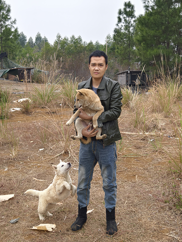 韋天平與他馴養的廣西田園犬。尹睿攝