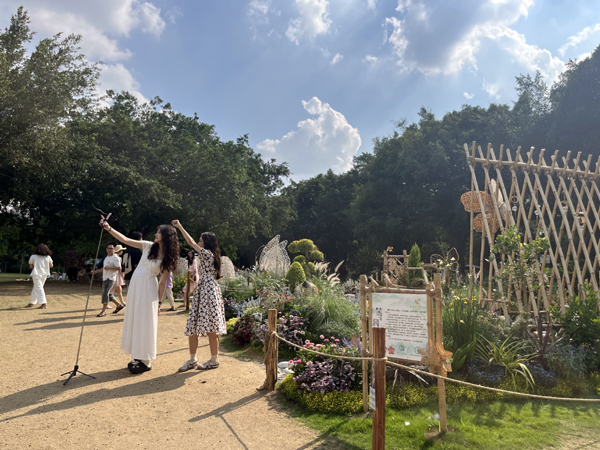 游客在2025 年第五届南宁（南湖公园）花境大赛作品前打卡拍照。