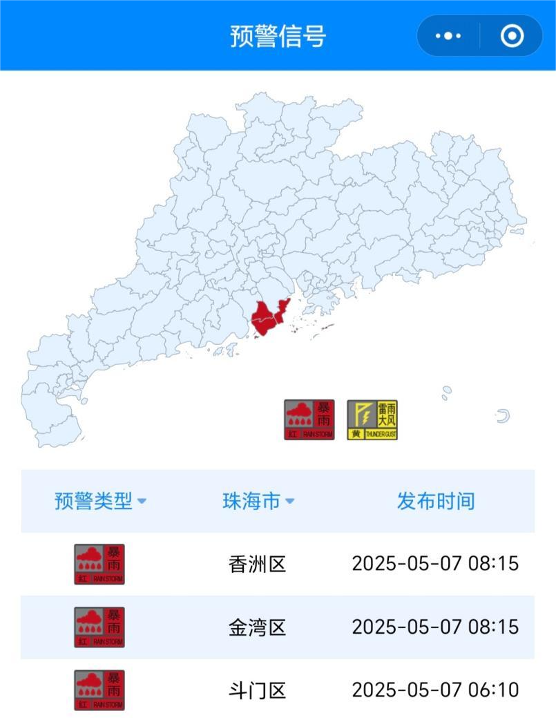珠海市暴雨红色预警信号