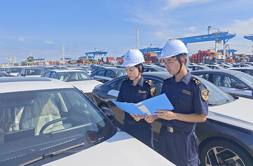 海关人员正在查验出口汽车。钦州港海关供图