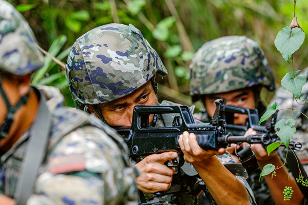 武警官兵协同搜索前进。