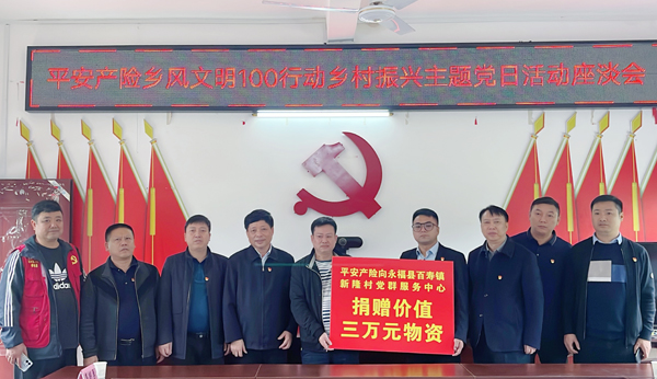 平安产险广西分公司向永福县百寿镇新隆村党群服务中心捐赠物资。平安产险广西分公司供图