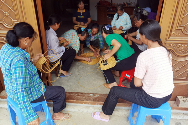梅宁村村民们在家认真练习藤编技术。