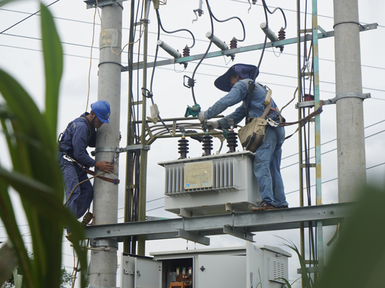 10月7日，南方電網廣西來賓供電局應急搶修支援隊伍在10千伏七明線芒果隊更換被暴雨損壞的公變的變壓器，恢復周邊42戶居民用電。韋國鑫攝