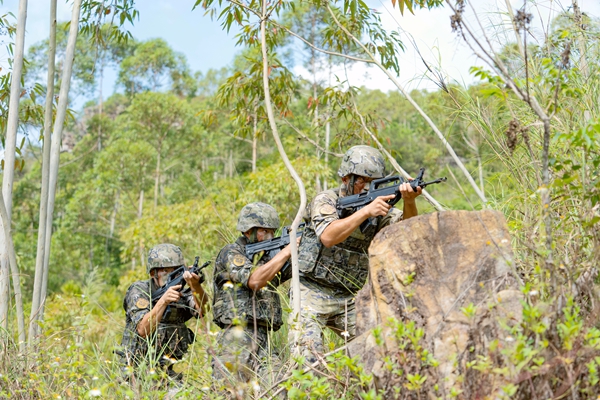 武警官兵进行林地战术协同训练。马文杰摄