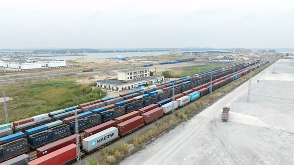 圖為11月4日,在廣西繁忙的欽州港東站,多台滿載集裝箱貨物的班列整齊停靠在站場內等待發車。陳磊攝