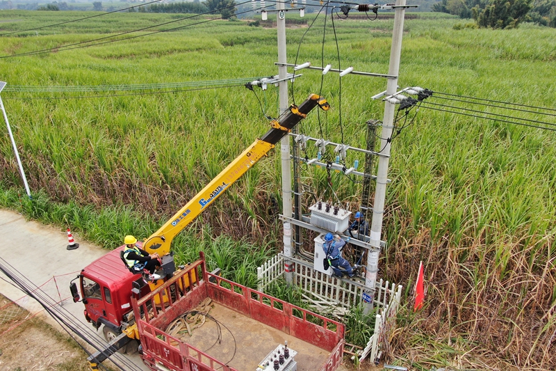 柳州柳城供電局組織工作人員開展公共變壓器增容作業。馬聰攝