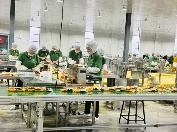 工人们熟练地将烘干好的干米粉放入包装机进料口。