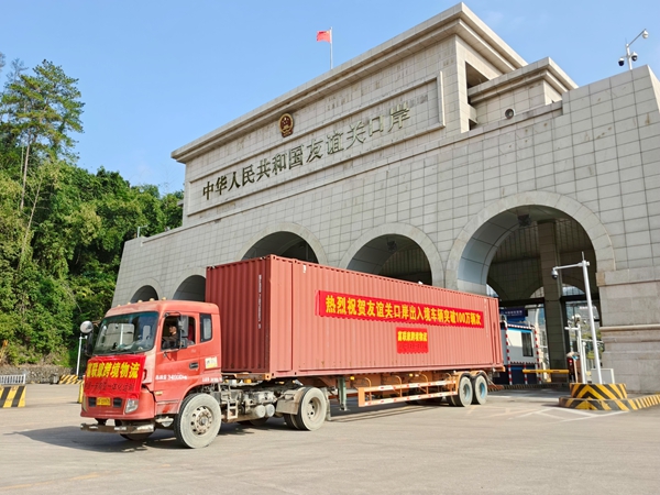 友誼關海關關員對進出境車輛進行監管。謝豪攝