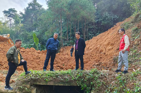 人大代表与村干部对受损路段调研