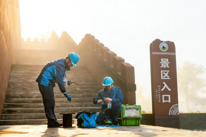 移动网络工程师为景区入口接入有线网络。区弘哲/摄