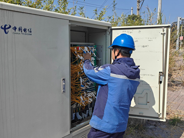 陸川分公司工作人員正在進行光交箱巡檢與網絡優化。姜庭威攝