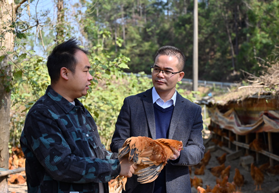 周佳钿（右）与养殖户了解养殖销售情况。陆燕摄
