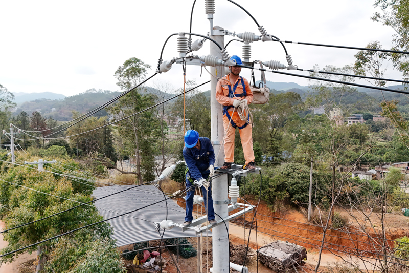 电力工人在改造容县渭龙线。张桐千摄